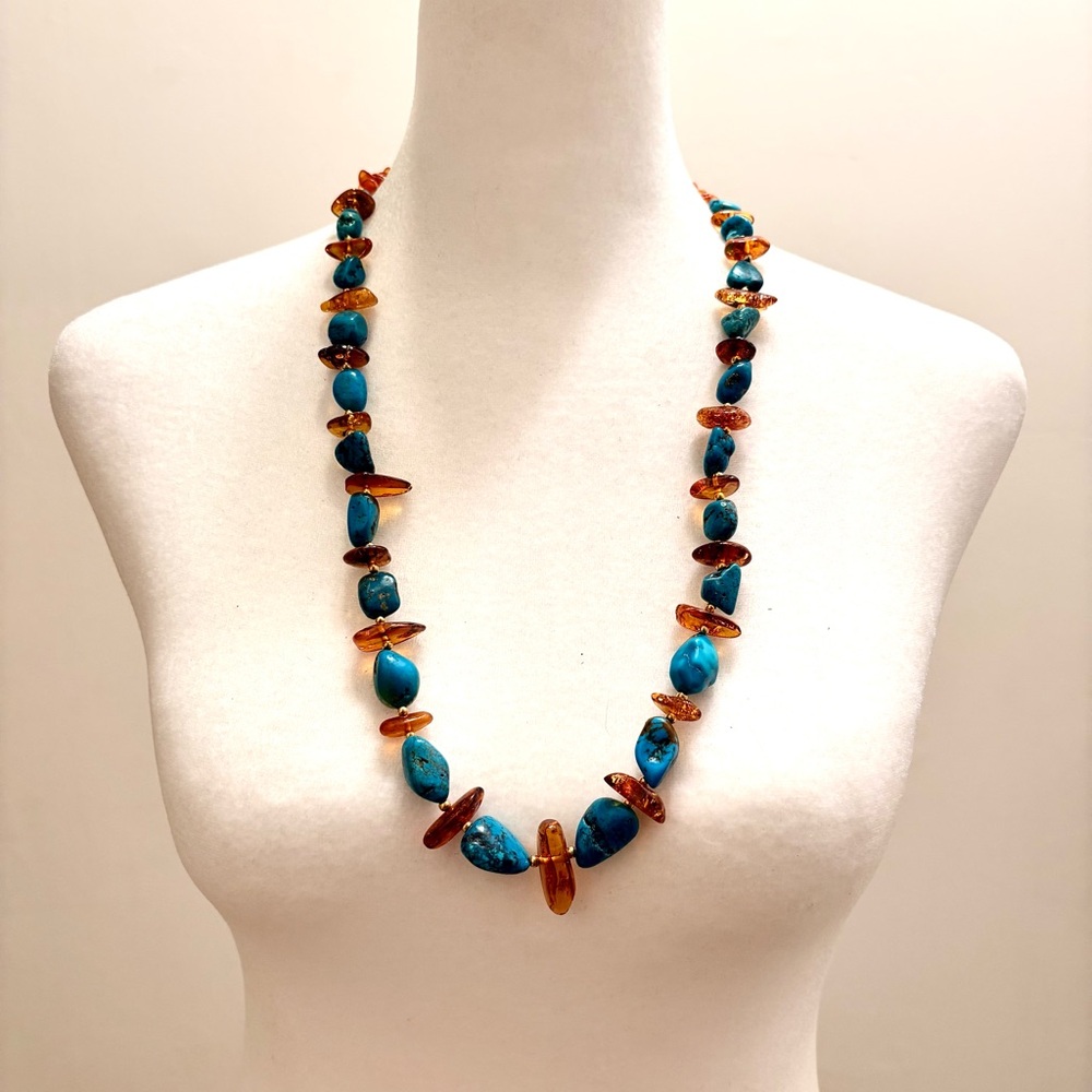 Vintage Amber & Turquoise Nugget Statement Necklace